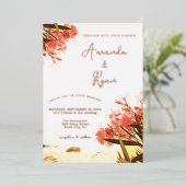 オレンジオレアンダー花オンビーチ結婚式 箔招待状 (立ち正面)