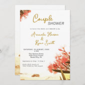 オレンジオレアンダー花ビーチカップルのシャワー 招待状 (正面/裏面)