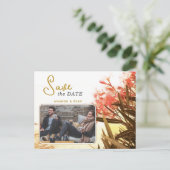 オレンジオレアンダー花フォトウェディング日付を保存 案内ポストカード (スタンド正面)