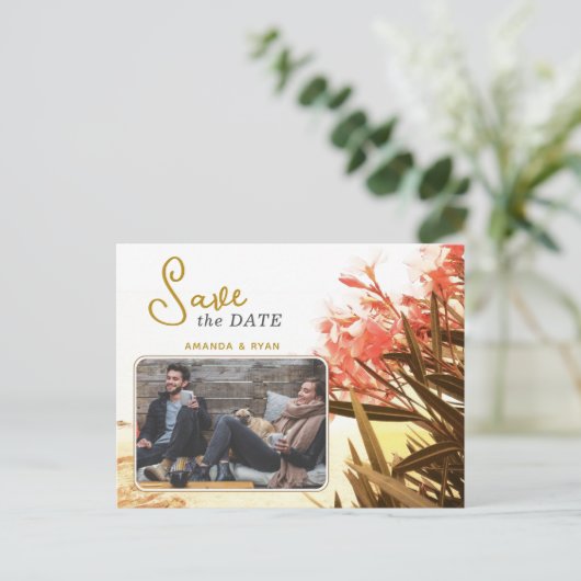 オレンジオレアンダー花フォトウェディング日付を保存 案内ポストカード (スタンド正面)