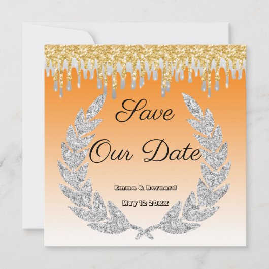 オレンジオンブル、ダイヤモンドローレル、ゴールドドリッピング 招待状 (正面)