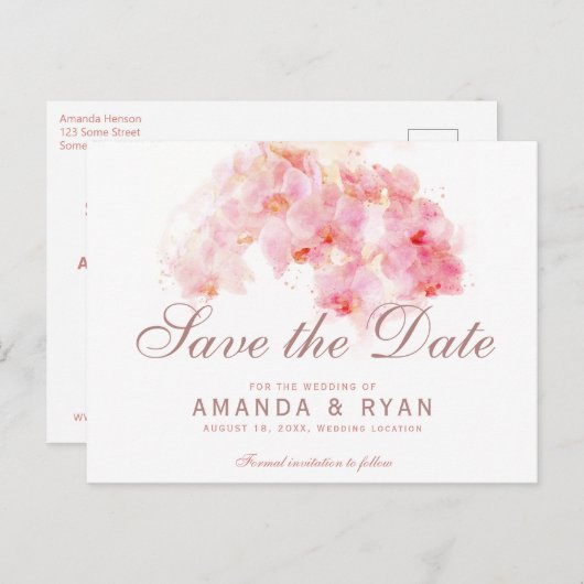 オレンジオーキッドウォーターカラーフラワー結婚ズ 案内ポストカード (正面/裏面)