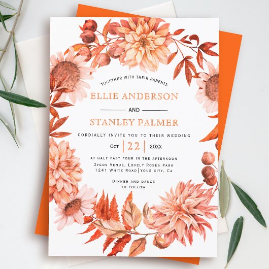 オレンジオータムフラワーリース秋の結婚式 招待状