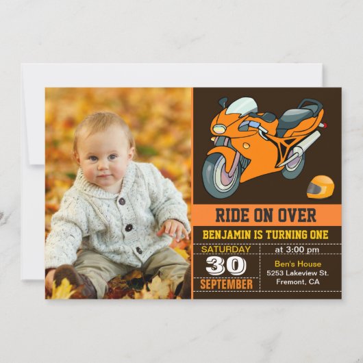 オレンジオートバイレーシングファースト誕生日招待状 招待状 (正面)