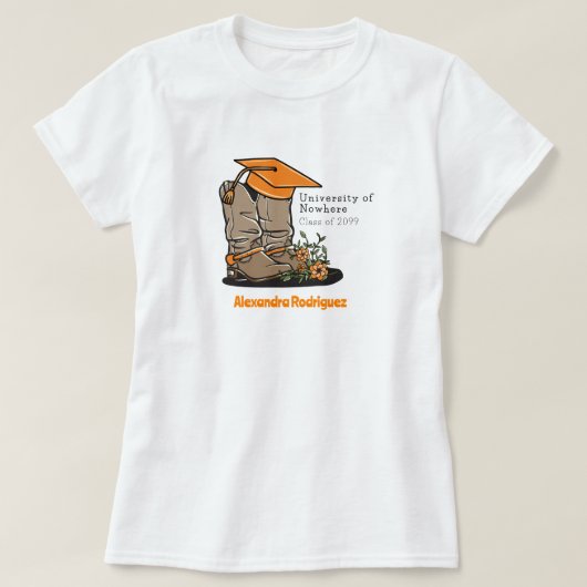 オレンジカウボーイブーツ卒業キャップ&フラワー Tシャツ (デザイン正面)