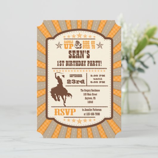 オレンジカウボーイロデオ誕生日パーティーの招待 招待状 (スタンド正面)