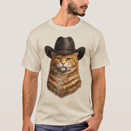 オレンジカウボーイ猫 ウェスタン レトロな煙草 Tシャツ (正面)