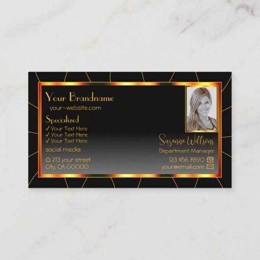 オレンジカジュアル色の枠と写真付き黒のグラデーション 名刺 (裏面)