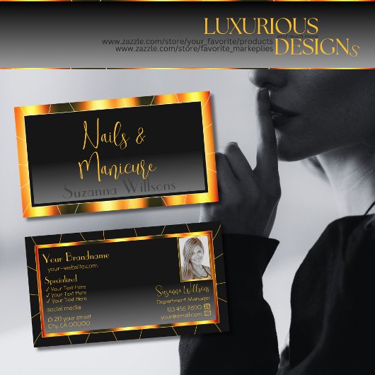 オレンジカジュアル色の枠と写真付き黒のグラデーション 名刺