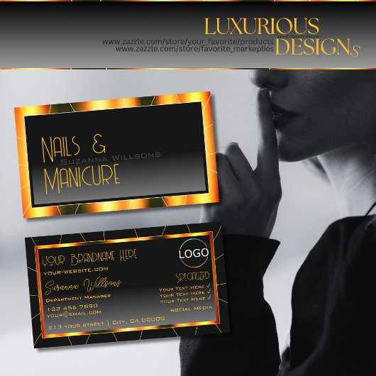 オレンジカジュアル色の枠の黒いグラデーション(ロゴ付きクール) 名刺