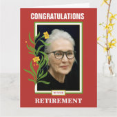 オレンジカスタム色の写真退職祝い カード (黄色い花)