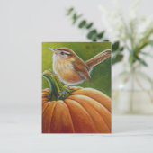 オレンジカボチャの水彩アートに秋のウレン鳥 ポストカード (スタンド正面)