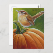オレンジカボチャの水彩アートに秋のウレン鳥 ポストカード (正面/裏面)