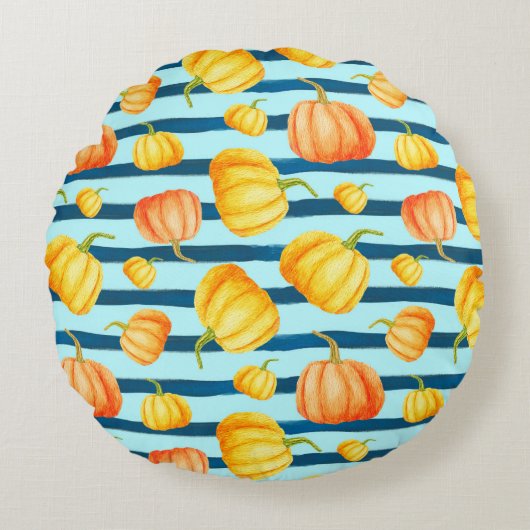 オレンジカボチャの長い丸。継ぎ目のない水のカラーパット ラウンドクッション (正面)