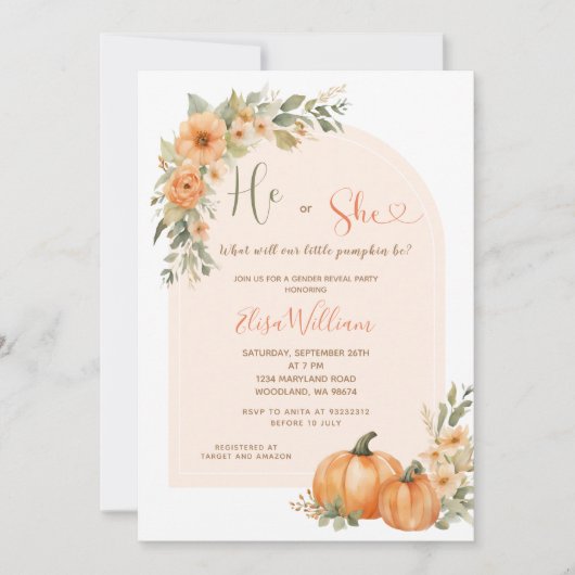 オレンジカボチャ彼または彼女の秋フローラジェンダー明かす 招待状 (正面)