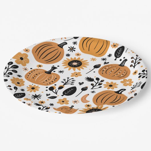 オレンジカボチャ模様サンクスギビングディナーパーティー ペーパープレート (アングル)