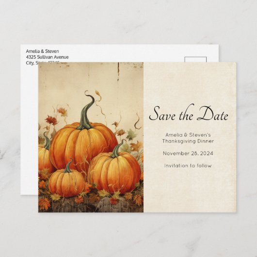 オレンジカボチャ秋素朴感謝祭 案内ポストカード (正面/裏面)