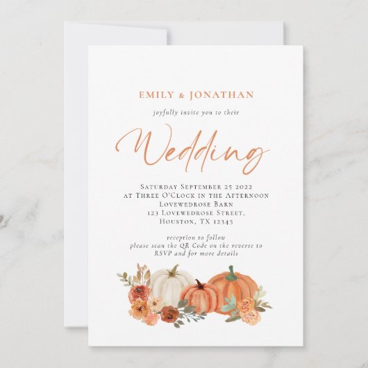オレンジカボチャ秋花模様QRコード結婚のInv 招待状 (正面)