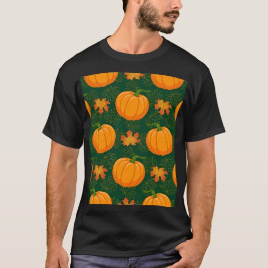 オレンジカボチャ紅葉パターン Tシャツ (正面)