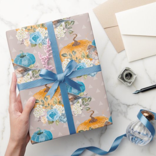 オレンジカボチャ青カボチャと花感謝してい ラッピングペーパー (ギフト)