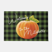 オレンジカボチャ黒緑チェックパターンウェルカム ドアマット (正面)