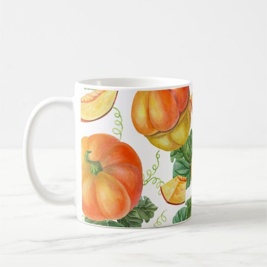 オレンジカボチャ：夏と秋の野菜パターン。 コーヒーマグカップ (左)
