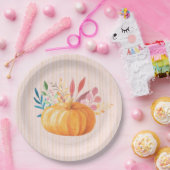 オレンジカボチャonピンクと金ゴールドストライプ ペーパープレート (パーティー)