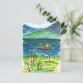 オレンジカヤックマウンテンレイクウォーターカラー ポストカード (スタンド正面)