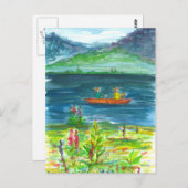 オレンジカヤックマウンテンレイクウォーターカラー ポストカード (正面/裏面)