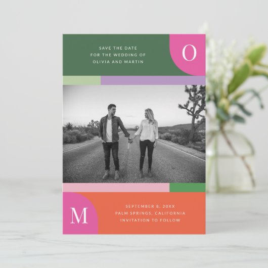 オレンジカラフルとピンクの明はっきりしたるい日付を保存 セーブザデート (スタンド正面)