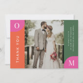 オレンジカラフルとピンクはっきりしたの明るい写真結婚 サンキューカード (正面)