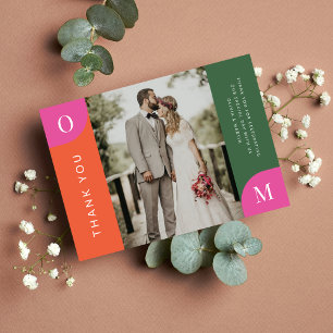 オレンジカラフルとピンクはっきりしたの明るい写真結婚 サンキューカード