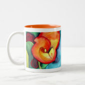 オレンジカンナの花の元の水彩画の芸術 ツートーンマグカップ (左)