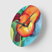 オレンジカンナリリーフラワーオリジナル水彩画 ラウンド壁時計 (傾斜)