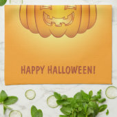 オレンジカートーンカボチャ及びハッピーハローウィン文字 キッチンタオル (折り畳み)