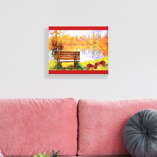 オレンジガーデン鮮やかベンチ秋カラーオータムリーフ キャンバスプリント (インサイチュ (リビング))