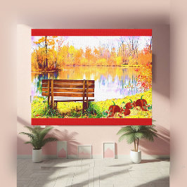 オレンジガーデン鮮やかベンチ秋カラーオータムリーフ キャンバスプリント