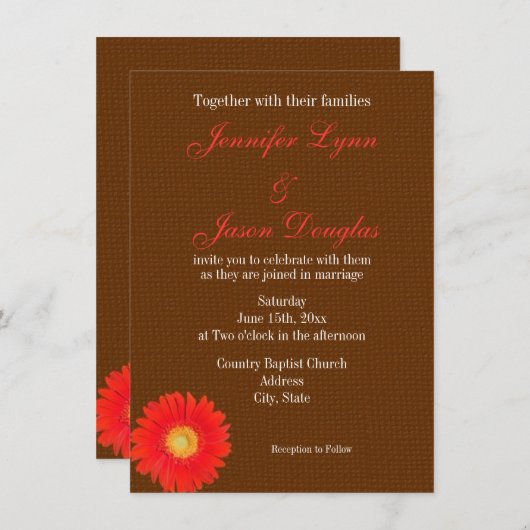 オレンジガーベラのデイジーのフェイクなバーラップの結婚式招待状 招待状 (正面/裏面)