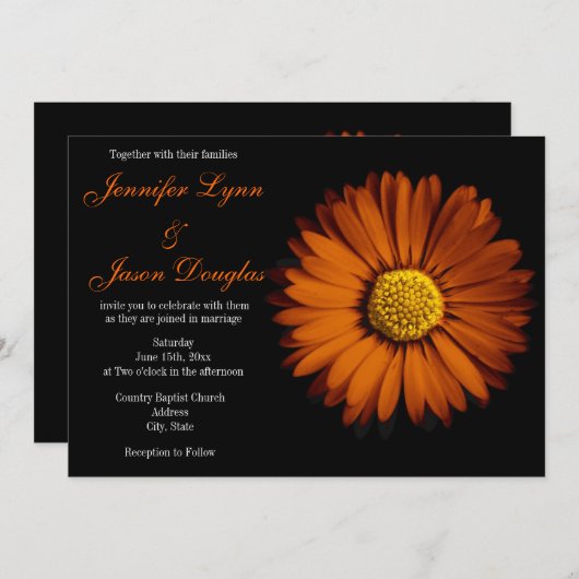 オレンジガーベラのデイジーの黒の結婚式招待状 招待状 (正面/裏面)