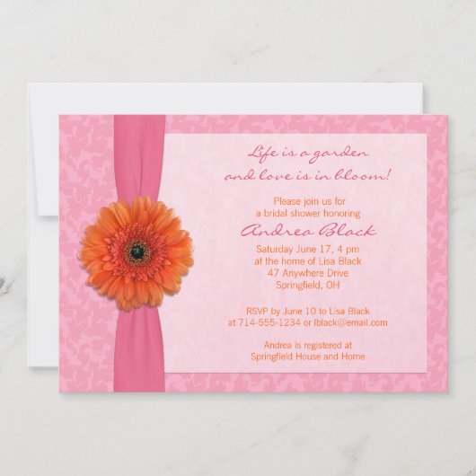 オレンジガーベラピンクフローラブライダルシャワー招待 招待状 (正面)