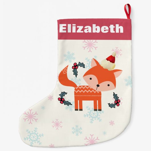 オレンジキツネインサンタハットかわいいクリスマスカスタマイズ ラージクリスマスストッキング (裏面)
