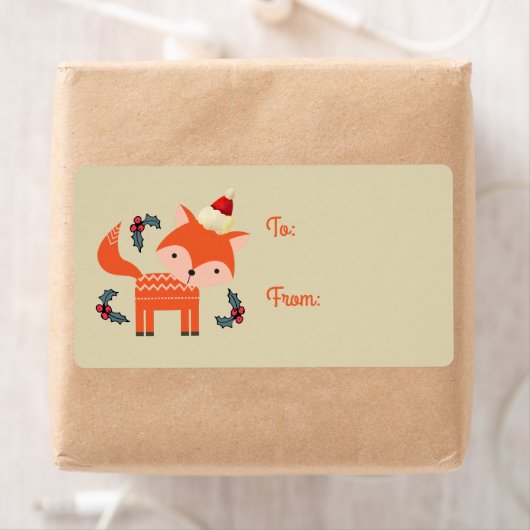オレンジキツネインサンタハットかわいいレトロクリスマスギフト ラベル (インサイチュ)