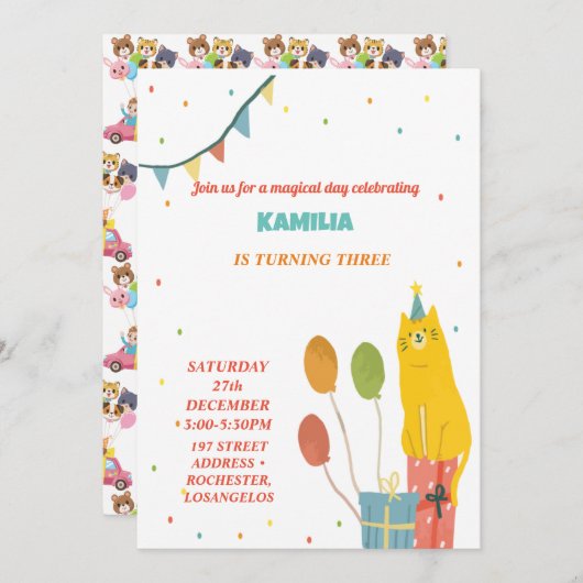 オレンジキャッツ誕生日招待状 招待状 (正面/裏面)