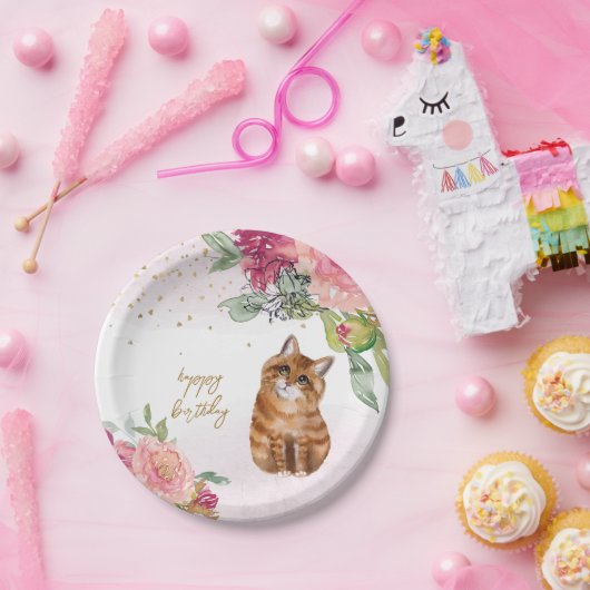 オレンジキャットイラストレーションハッピーバースデーガールパーティー ペーパープレート (パーティー)