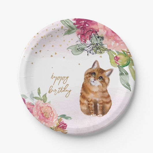 オレンジキャットイラストレーションハッピーバースデーガールパーティー ペーパープレート (正面)