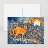 オレンジキャットインアーバンサンセットウォーターカラー ポストカード (正面/裏面)
