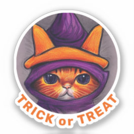 オレンジキャットパープルウィッチハットトリートハロウィーン シール
