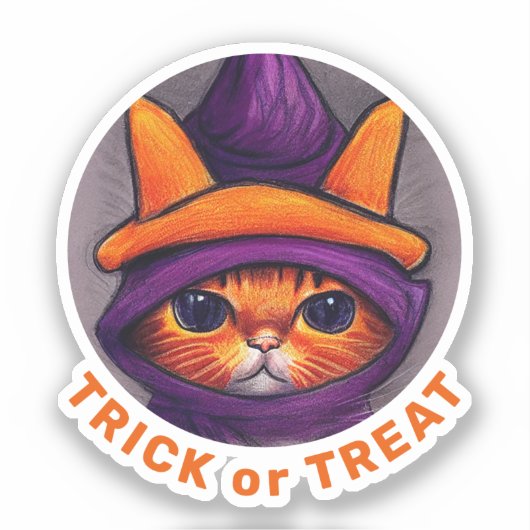オレンジキャットパープルウィッチハットトリートハロウィーン シール (正面)