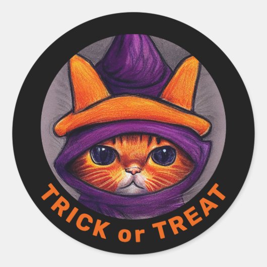 オレンジキャットパープルウィッチハットトリートハロウィーン ラウンドシール (正面)