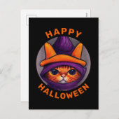 オレンジキャットパープルウィッチハットハッピーハローウィン シーズンポストカード (正面/裏面)
